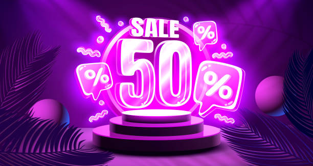 Mega sale special offer, Neon 50 off sale banner. Sign board promotion. Vector illustration